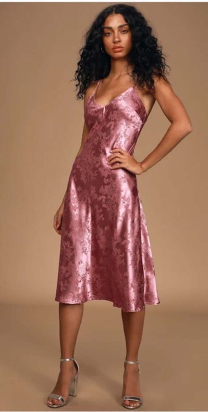 Lulus Calla Love Mauve Pink Jacquard Satin Slip Dress Sz M Fairy Coquette Party
